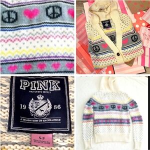 Victoria's Secret PINK Vintage Peace Hearts Fair Isle Hooded Button up Cardigan